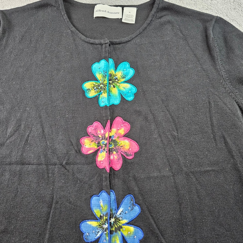 Alfred Dunner Knit Cardigan Women XL Black Floral Beaded Short Sleeve Snap Front - Picture 9 of 10